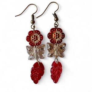 Handmade Bronze & Red Acrylic Charm Dangle Earrings